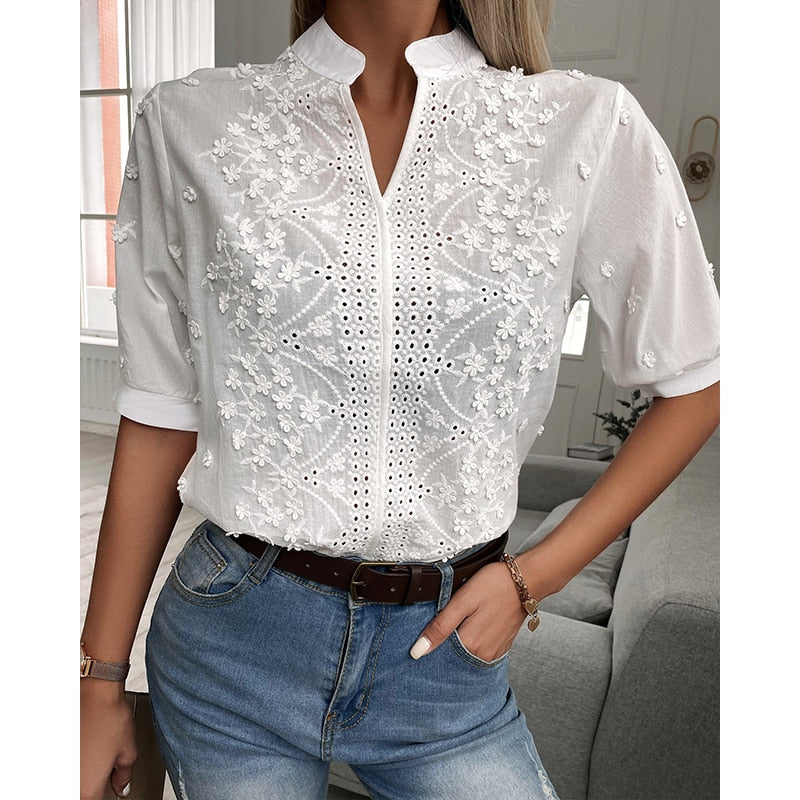 Chic Solid Hollow-out V Neck Lace Blouse Floral Patterns Embroidery Decoration Casual Women Shirt Puff Sleeved Half Cotton Tops - Women Blouse
