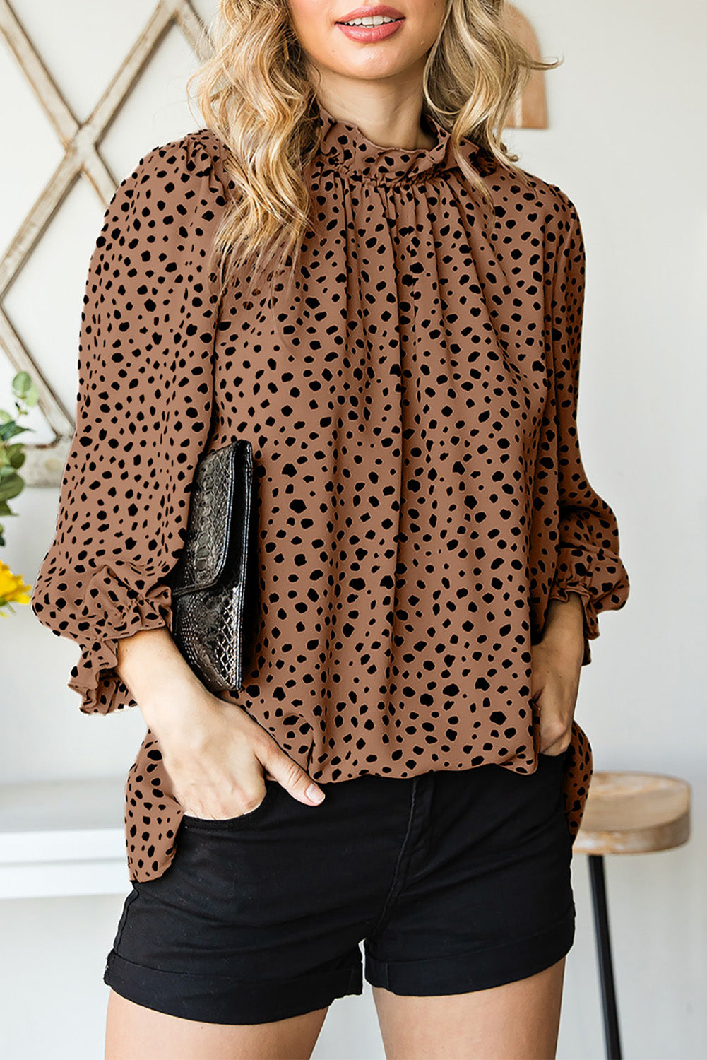 Khaki Leopard 3/4 Ruffle Sleeve Frill Neck Blouse