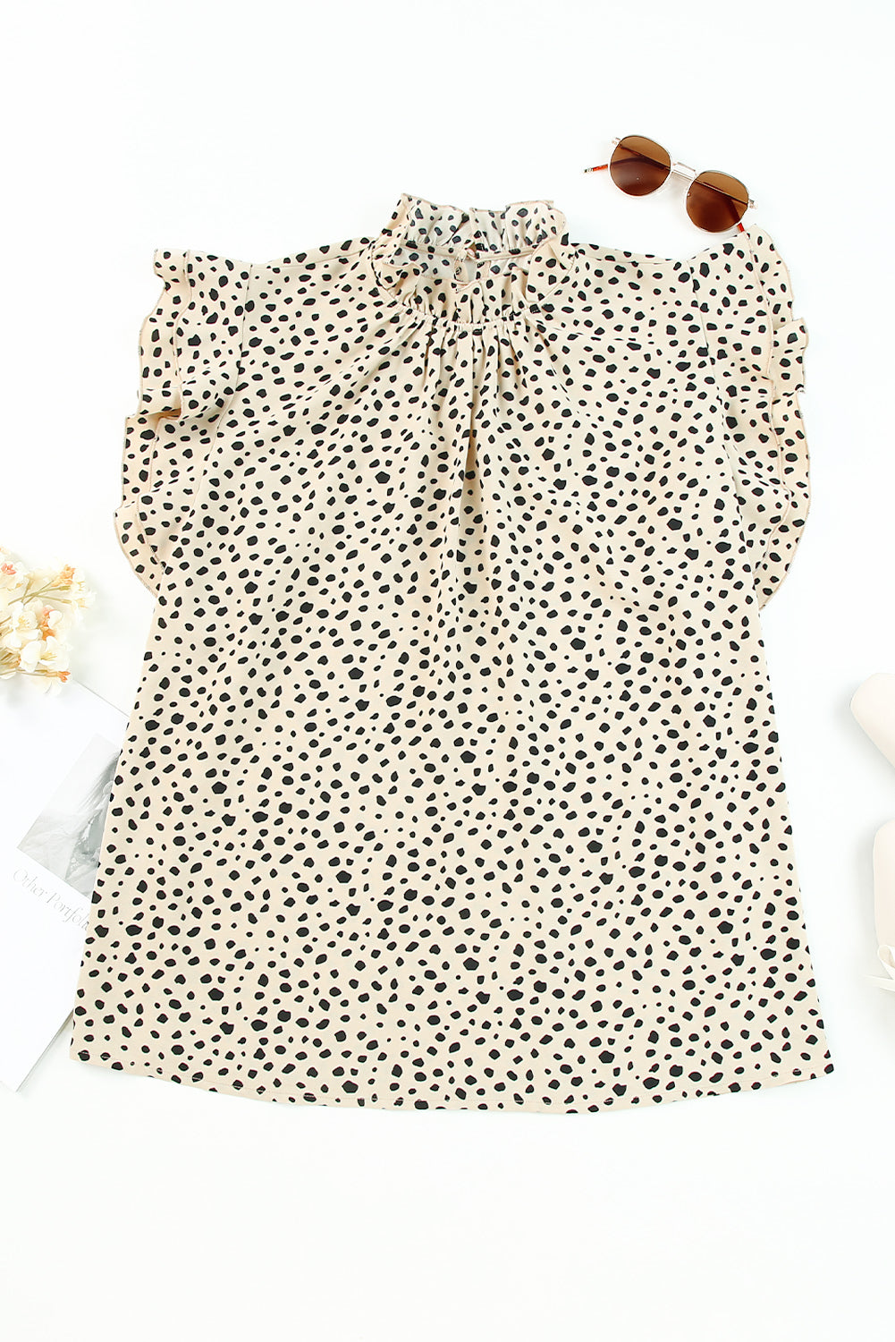 Khaki Leopard 3/4 Ruffle Sleeve Frill Neck Blouse