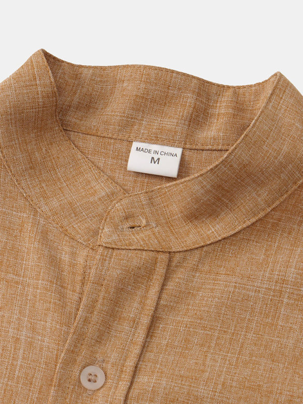 Men's Solid Color Mandarin Collar Linen Button-Up Shirt