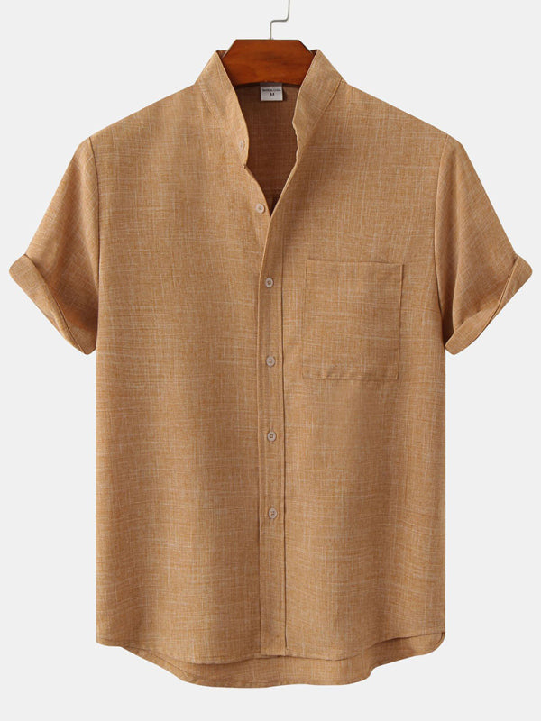 Men's Solid Color Mandarin Collar Linen Button-Up Shirt
