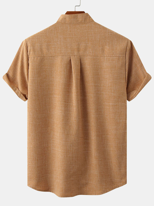 Men's Solid Color Mandarin Collar Linen Button-Up Shirt