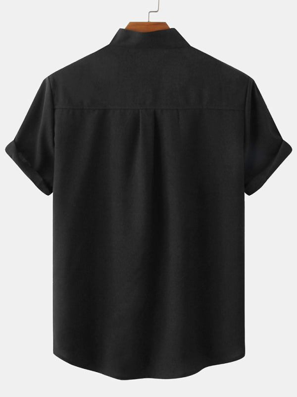 Men's Solid Color Mandarin Collar Linen Button-Up Shirt