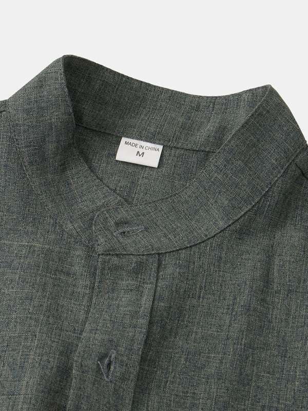 Men's Solid Color Mandarin Collar Linen Button-Up Shirt