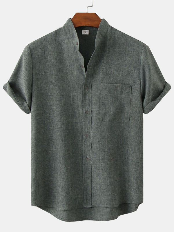 Men's Solid Color Mandarin Collar Linen Button-Up Shirt
