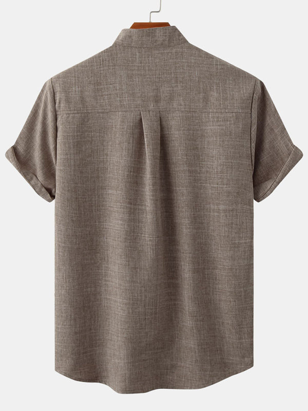 Men's Solid Color Mandarin Collar Linen Button-Up Shirt