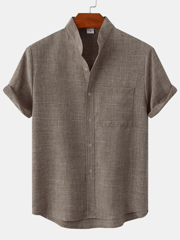 Men's Solid Color Mandarin Collar Linen Button-Up Shirt