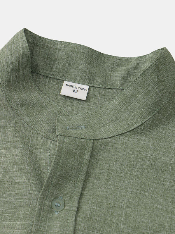 Men's Solid Color Mandarin Collar Linen Button-Up Shirt