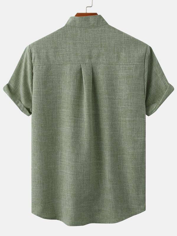 Men's Solid Color Mandarin Collar Linen Button-Up Shirt