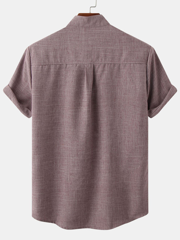 Men's Solid Color Mandarin Collar Linen Button-Up Shirt