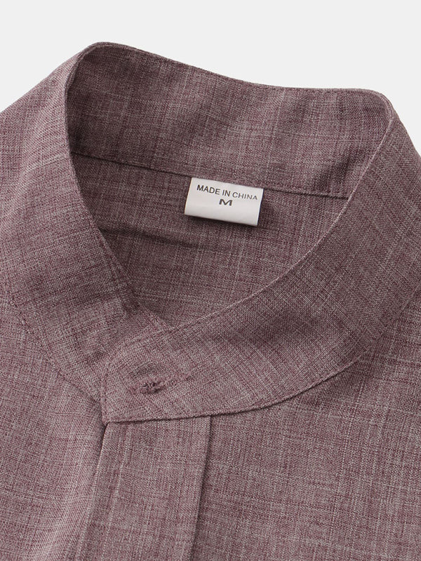 Men's Solid Color Mandarin Collar Linen Button-Up Shirt