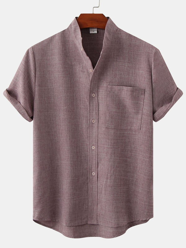 Men's Solid Color Mandarin Collar Linen Button-Up Shirt