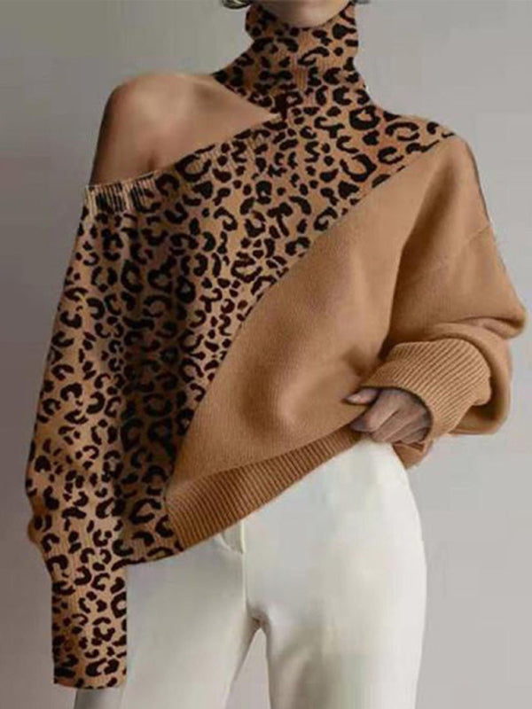 Women's Leopard Print One Shoulder Sweater