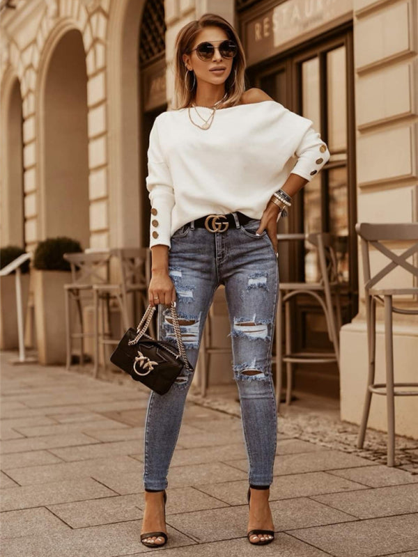 Women's Solid Color Gold Button Long Sleeve The Shoulder Knit Top