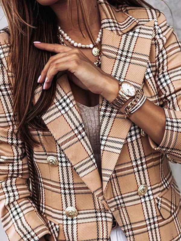 Women's Plaid Cotton And Linen Double Breasted Blazer