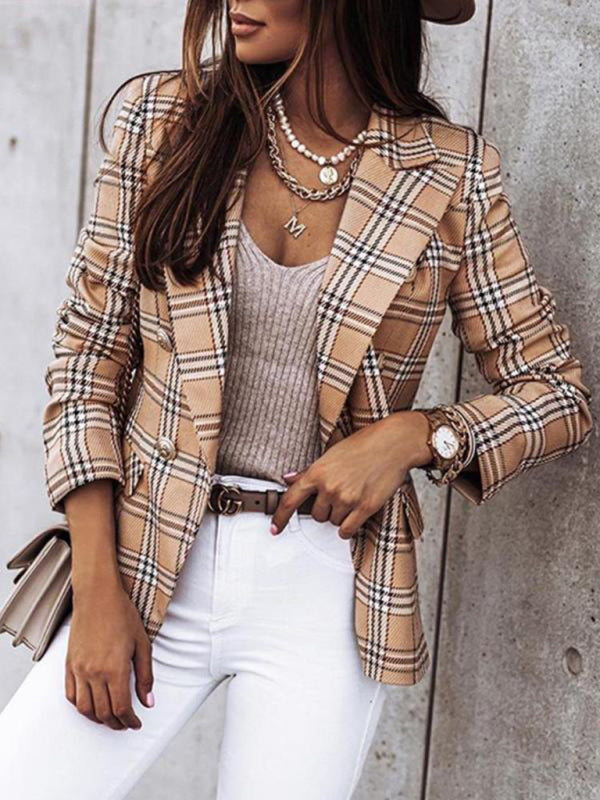 Women's Plaid Cotton And Linen Double Breasted Blazer